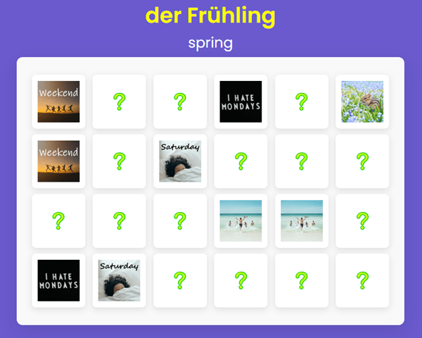 German for Beginners – Memory Game – Days of the Week and 4 Seasons Vocabulary