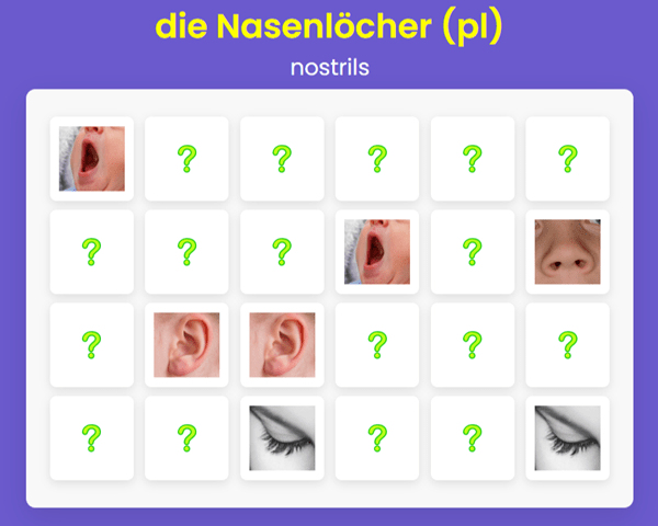 German for Beginners – Memory Game – Head and Face Vocabulary