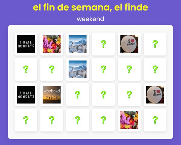 Spanish for Beginners – Memory Game – Days of the Week and 4 Seasons Vocabulary